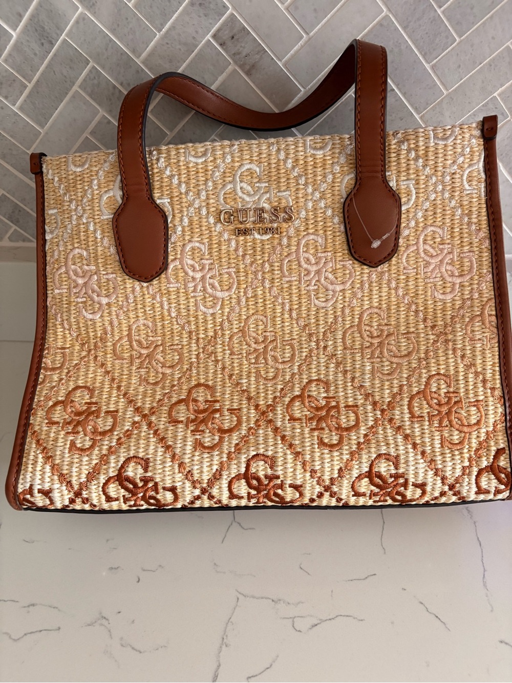 GUESS Straw Logo Tote with Brown Leather Trim